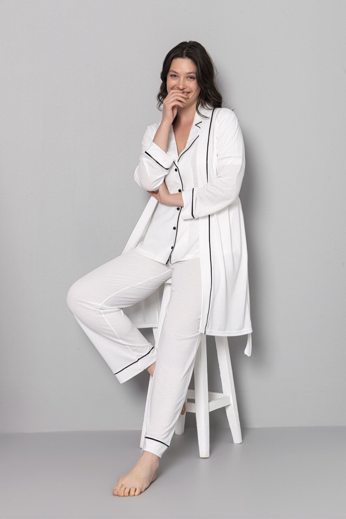 LORIAN'S-Ecru Viscose Ribbed Front Button Short Sleeve Maternity and Maternity Pajama Set Set of 3 4