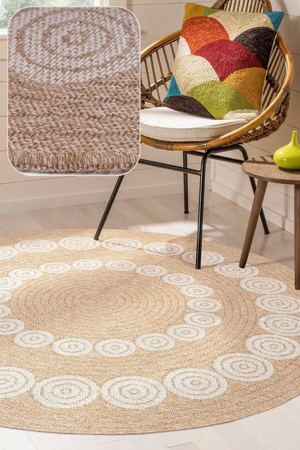 SANRUGS Home & Living Yıkanabilir Sisal Jüt Dokuma Hasır Halı Kilim Bej Kahve Daire Oval Model Mutfak Balkon Bahçe Teras
