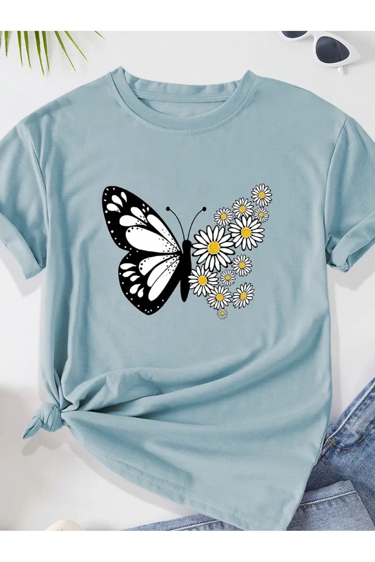 Hunors Sportswear & Company Kelebek & Papatya Baskılı Kadın Pamuk T-shirt
