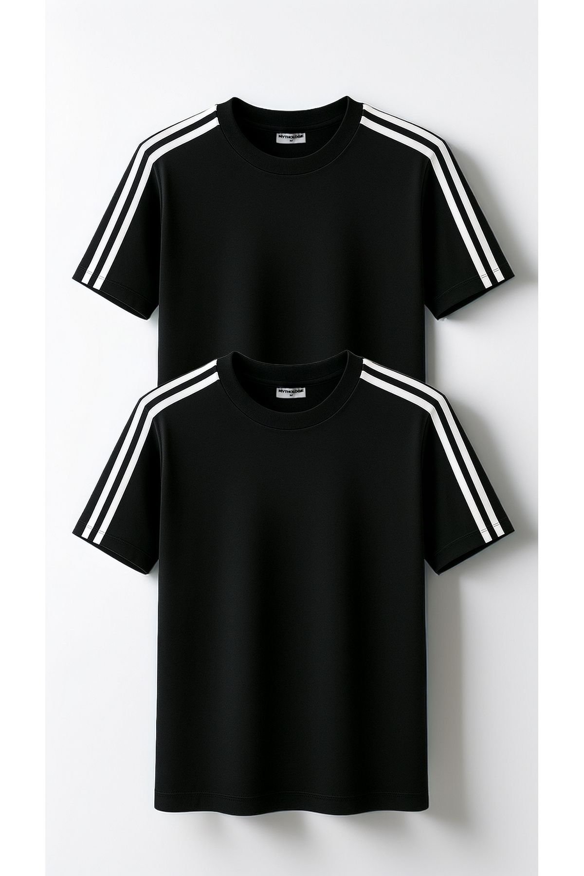 Hunors Sportswear & Company 2'Li Basic Şerit Detaylı T-Shirt - Siyah Oversize Bisiklet Yaka Kısa Kol