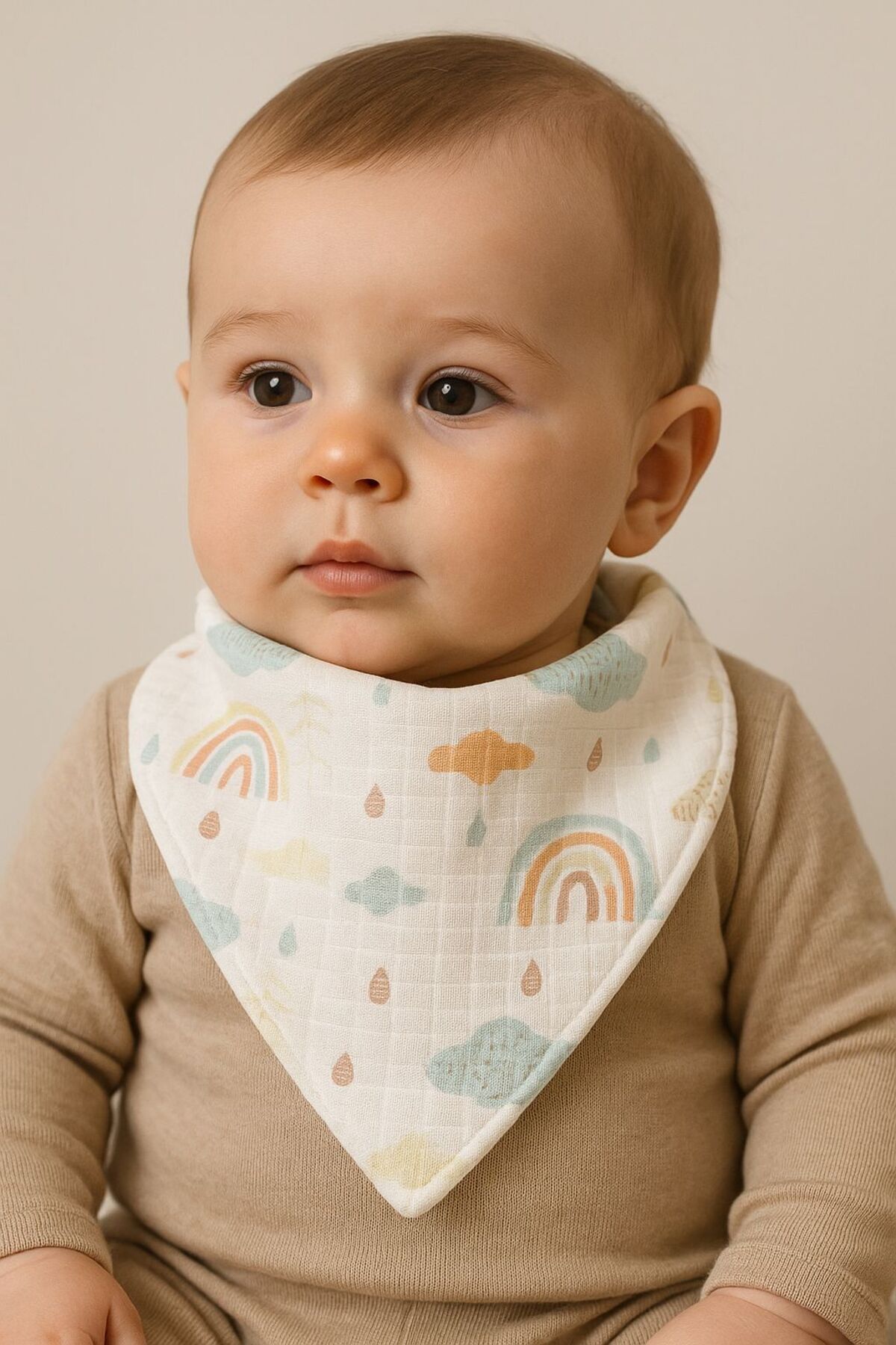 AHE BABY %100 Müslin Pamuk Gökkuşağı Desenli Bebek Mama Önlüğü (0-24 Ay)
