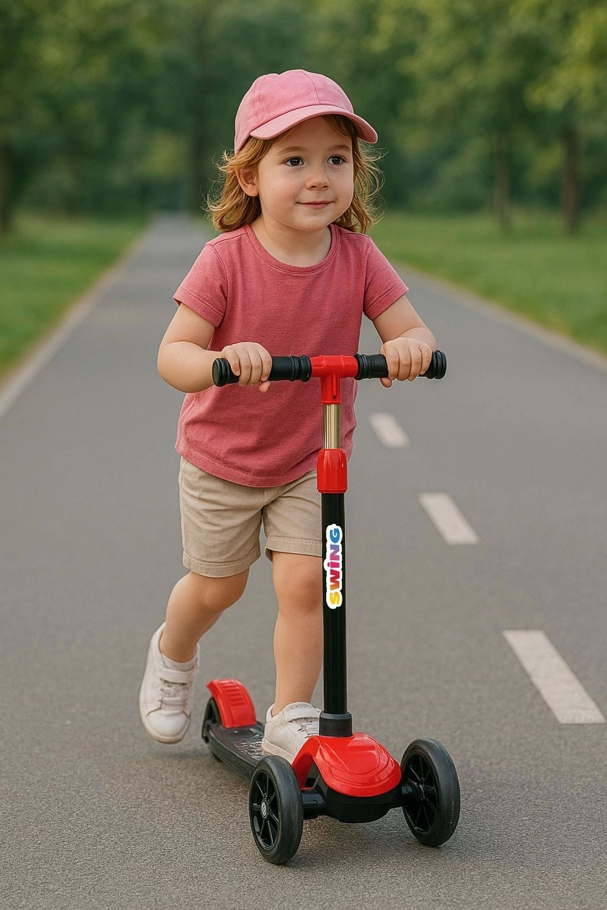 babymiss Işıklı 3 Tekerlekli Çocuk Scooter – 3 Kademeli Yükseklik Ayarı - Kırmızı