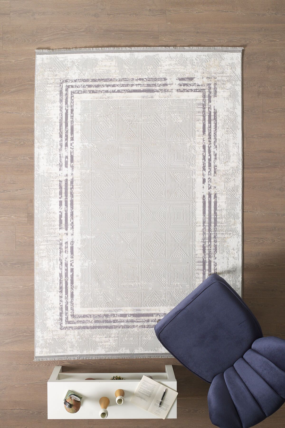 Enva Home Saçaklı Salon Oturma Odası Halısı Yumuşak Polyester Pamuk Taban Modern ve Klasik Desenli Halı Mavi