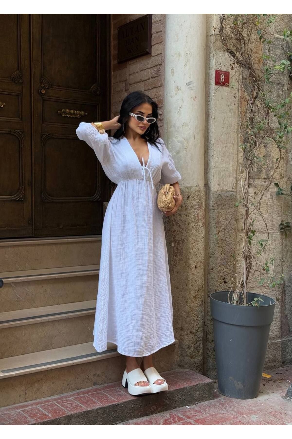 luvita co Luvita Muslin Keten Midi Boy Elbise
