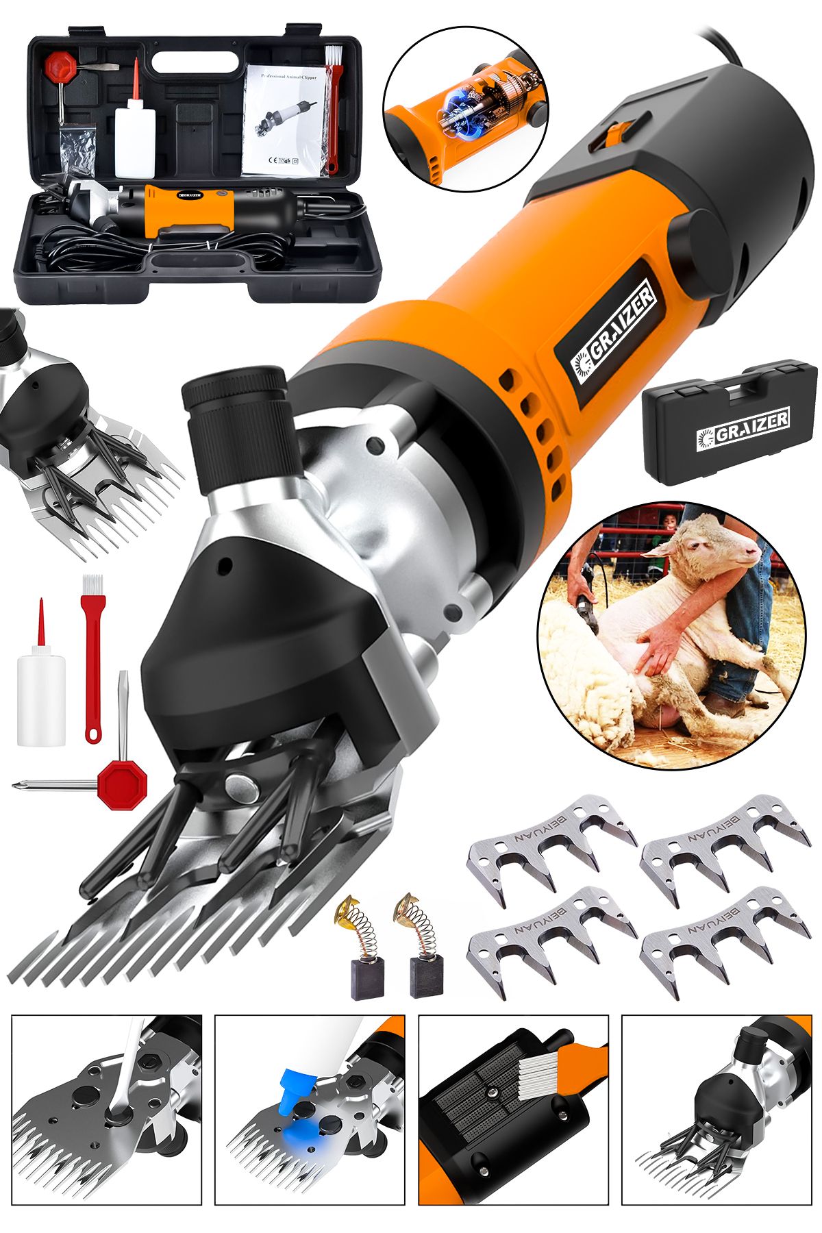 Graizer Powerforge 9800 Watt Çift Kartlı Metal Şanzıman Isınmaya Karsı Korumalı Koyun Kırkma Makinesi-Trnc