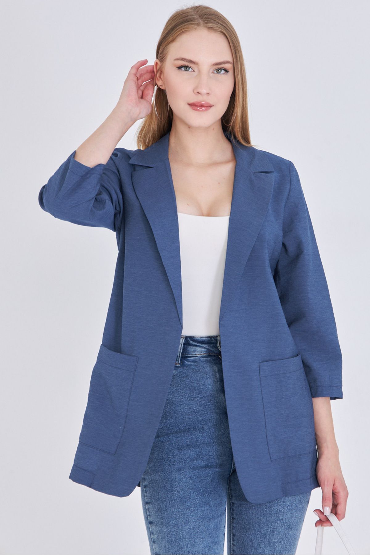 armonika Kadın Koyu Mavi Cepli Oversize Ceket ARM-25Y001064