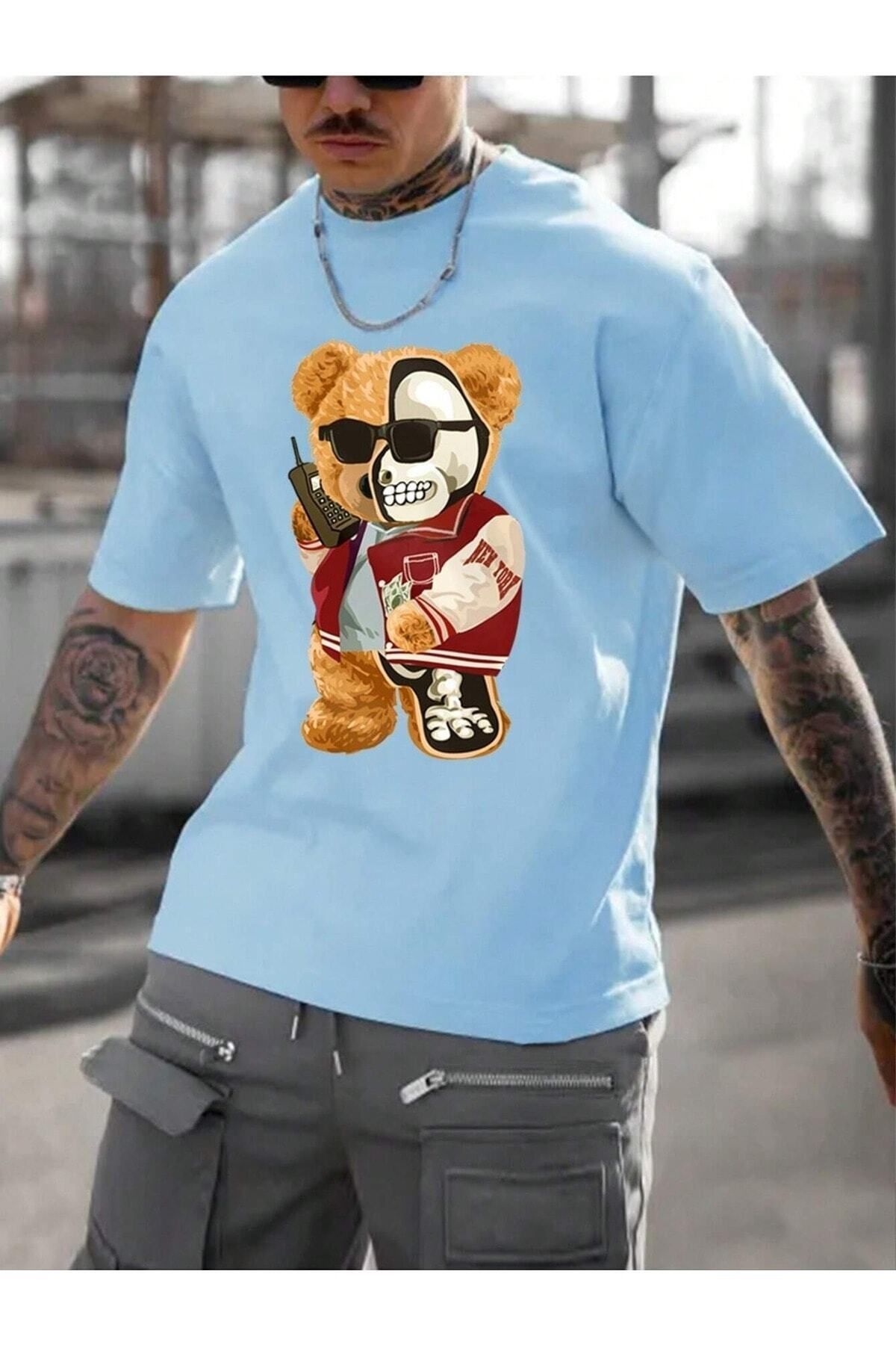 Boi Half Skeleton Bear Baskılı Oversize Kadın ve Erkek T-shirt Salaş Boyfirend