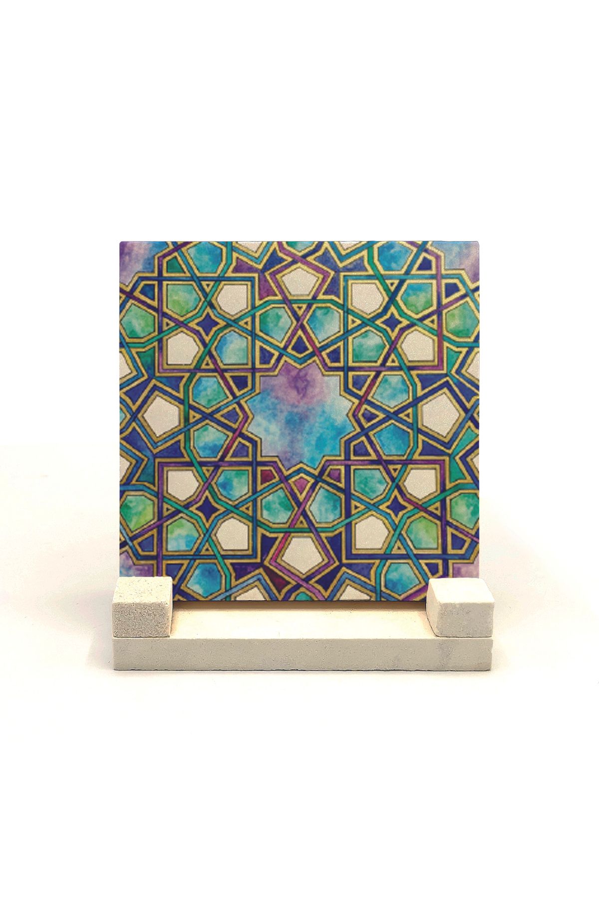 Souvenest İslami Geometrik Desen Baskılı Doğaltaş Masaüstlük 10x10 Kd-8