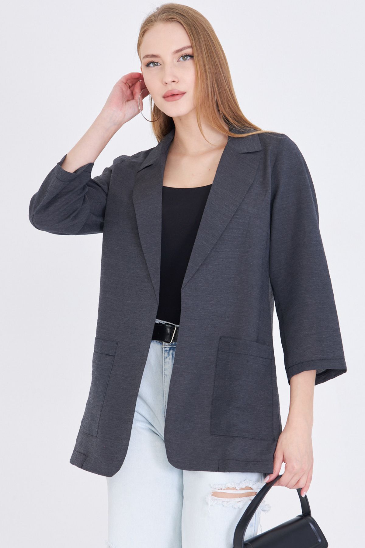 armonika Kadın Siyah Cepli Oversize Ceket ARM-25Y001064