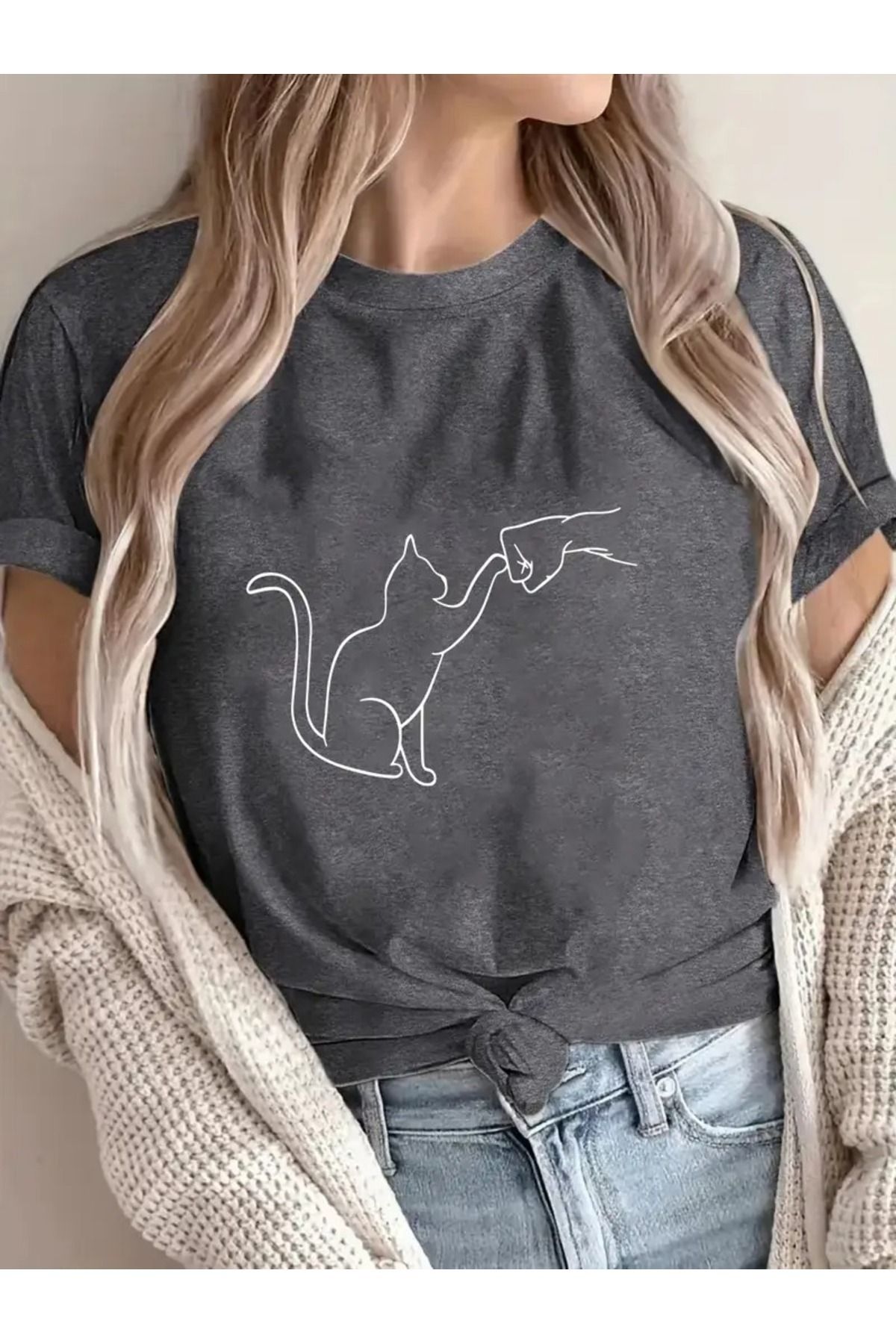 Hunors Sportswear & Company Kedi Dostu Baskılı Kadın / Kız Oversize Salas T-shirt Boyfriend