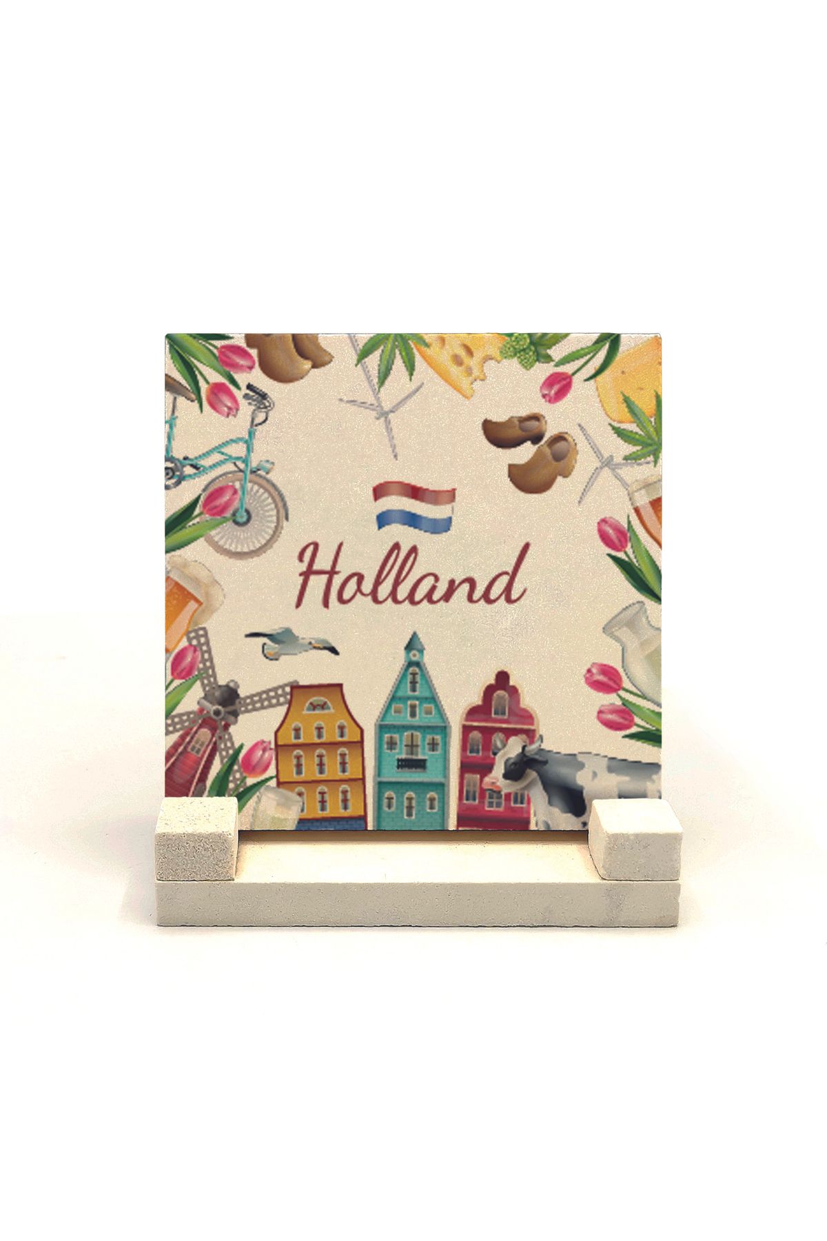 Souvenest Hollanda Sembolleri Baskılı Doğaltaş Masaüstlük 10x10 Krg-21