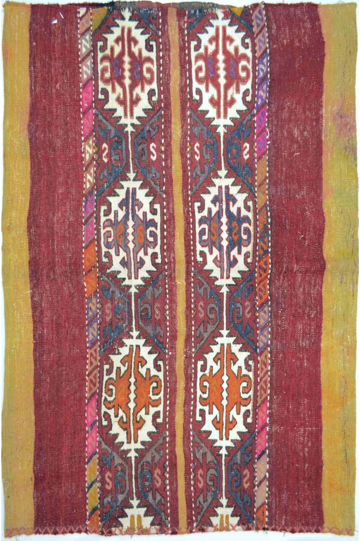 Handmade Vintage Adana Yünden El Dokuma Bordo ve Hardal Renk Çuval Kilim 74x112 cm (0.83 m²)