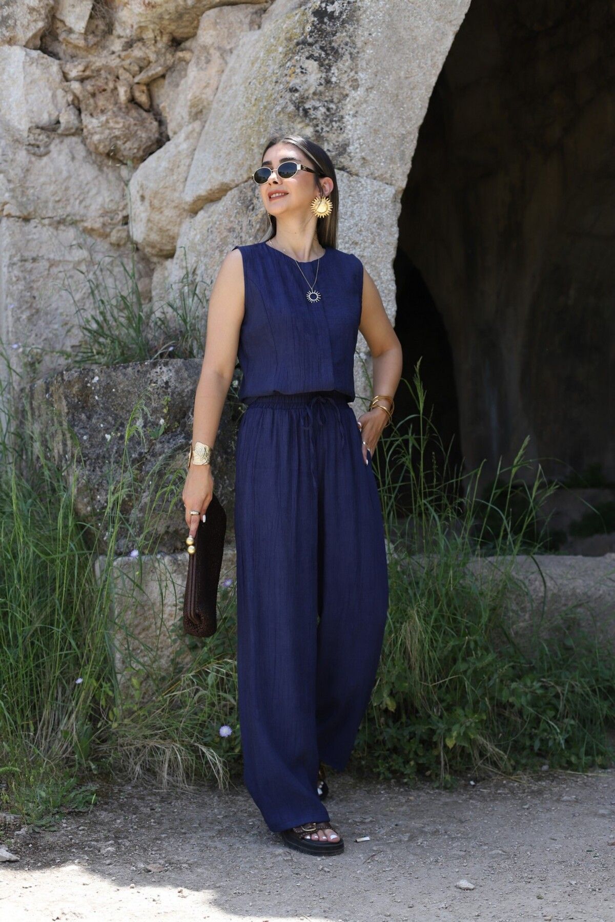 bytugcekaya Lacivert Krinkıl Kumaş Düğmeli Bluz Pantolon Takım