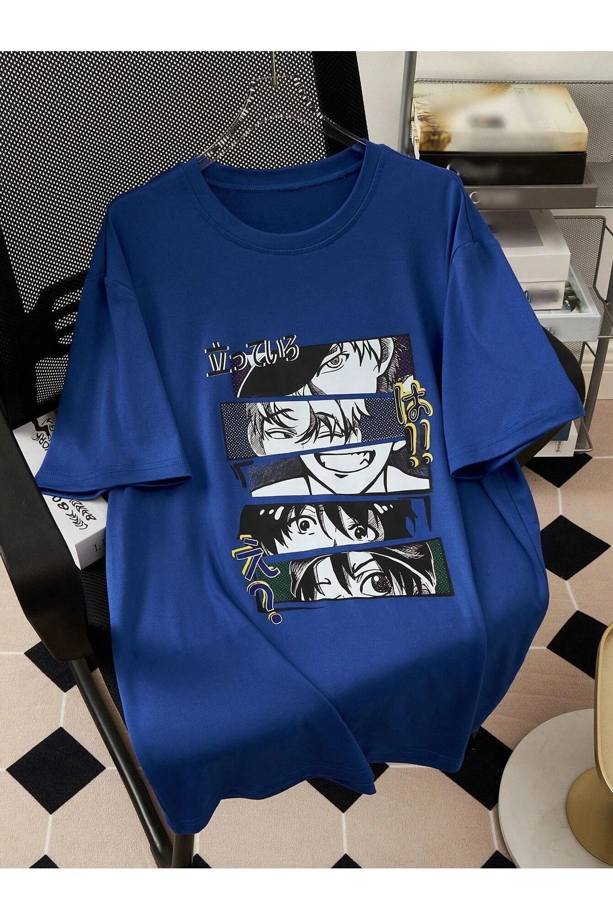 Hunors Sportswear & Company Anime Karekterler T-Shirt - Sax Saks Mavisi Baskılı Oversize Bisiklet Yaka Kısa Kol