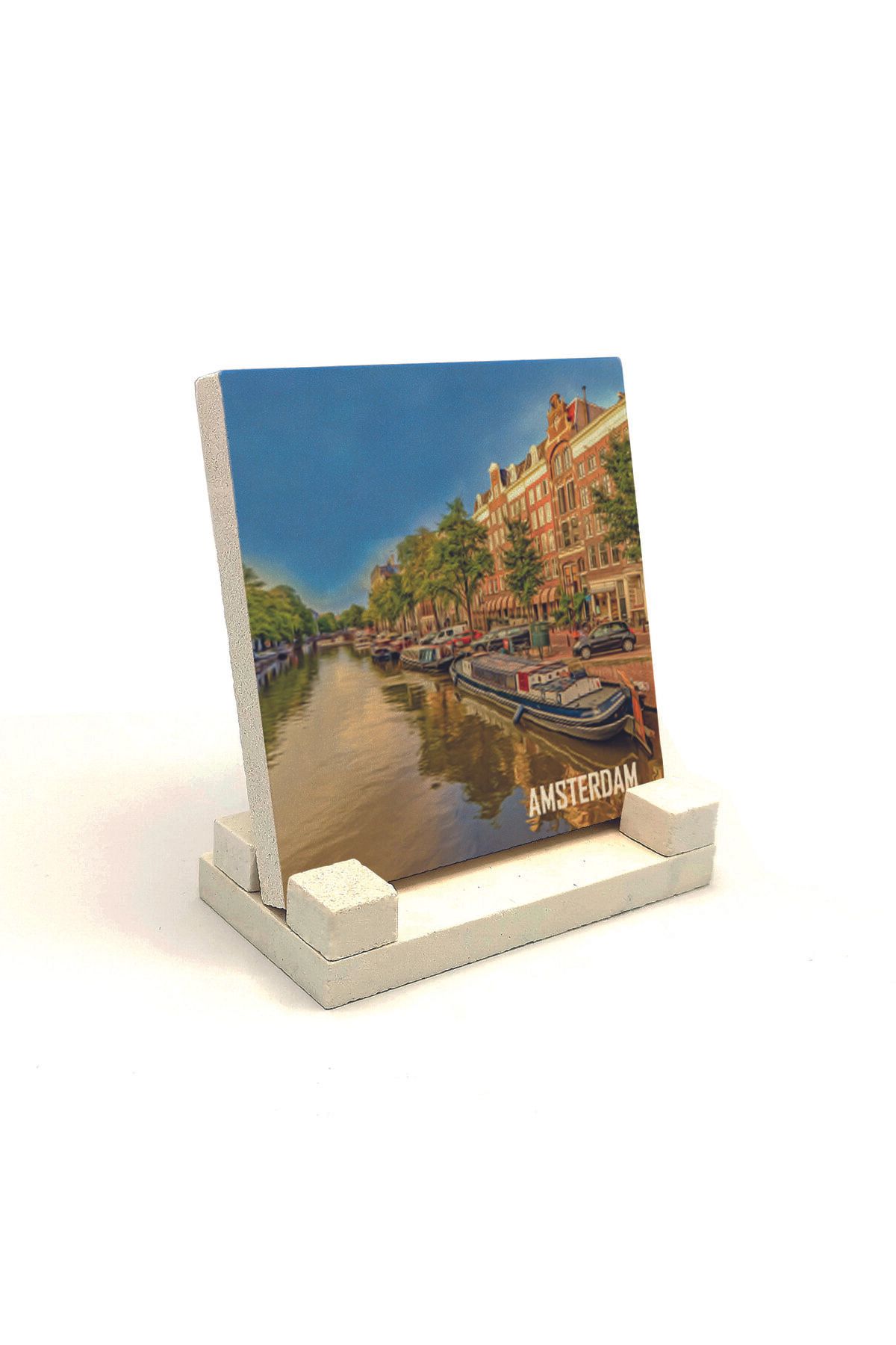 Souvenest Amsterdam Görseli Baskılı Doğaltaş Masaüstlük 10x10 KRG-15
