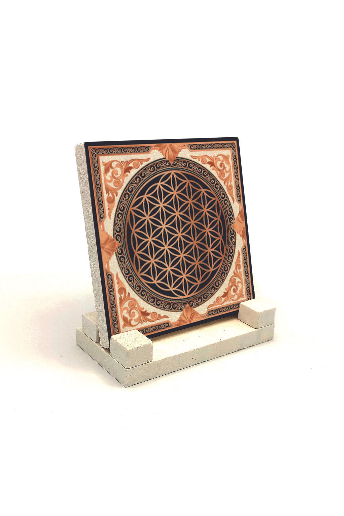 Souvenest Yaşam Çiçeği Deseni Baskılı Doğaltaş Masaüstlük 10x10 KD-44