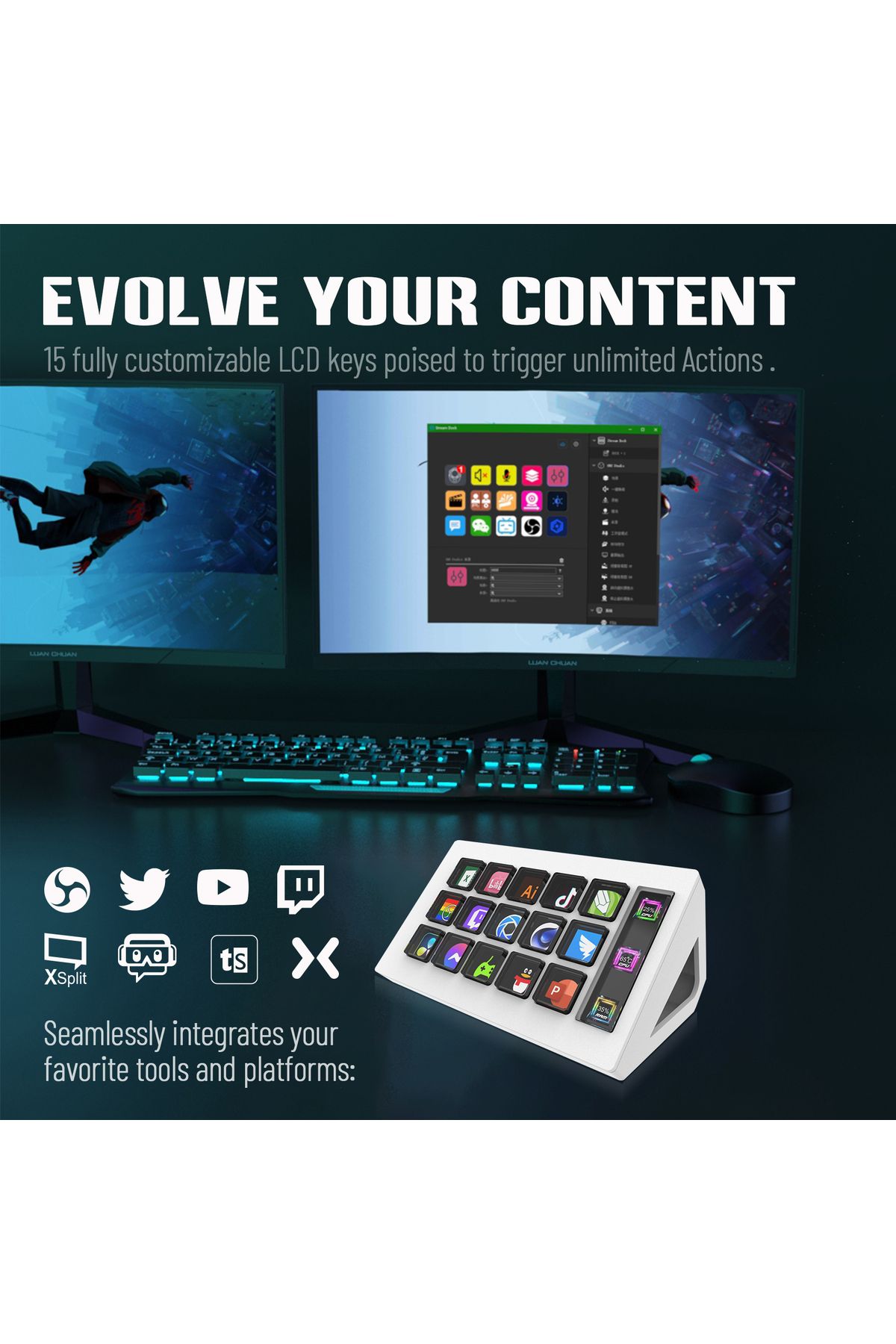 FlashHawk-Stream Controller - Streaming Keyboard Deck with 15 LCD Macro Keys Customizable to Trigger Actions 6