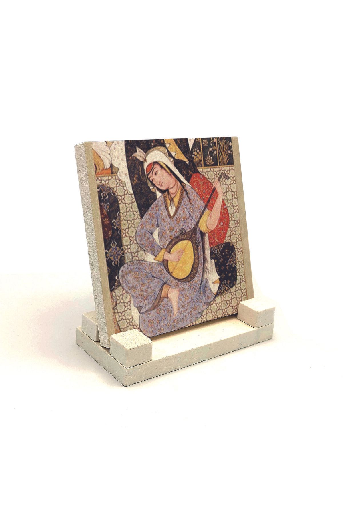 Souvenest Müzisyen Kadın Minyatür Baskılı Doğaltaş Masaüstlük 10x10 KRT-124