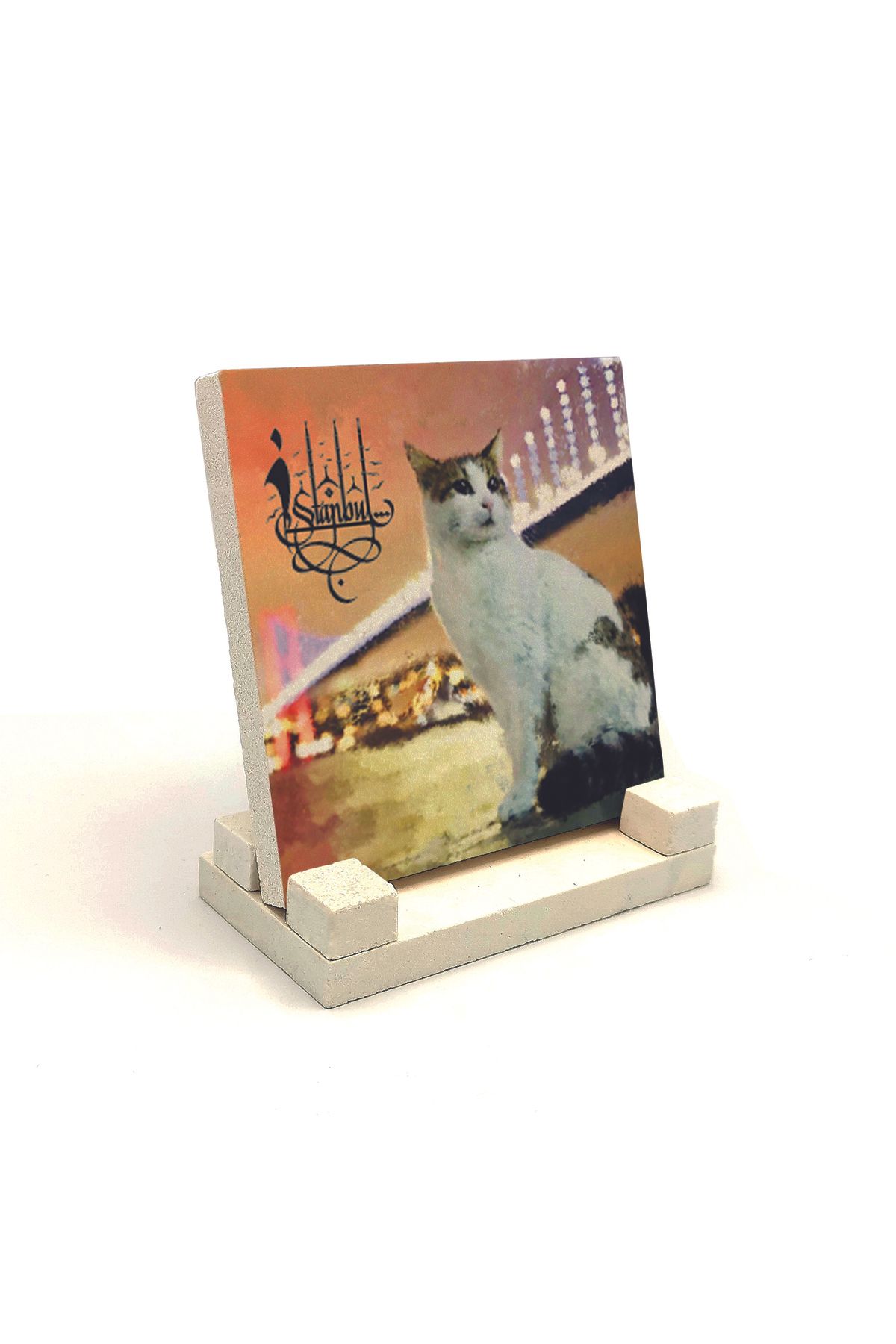 Souvenest İstanbul Kedisi Baskılı Doğaltaş Masaüstlük 10x10 Krt-64