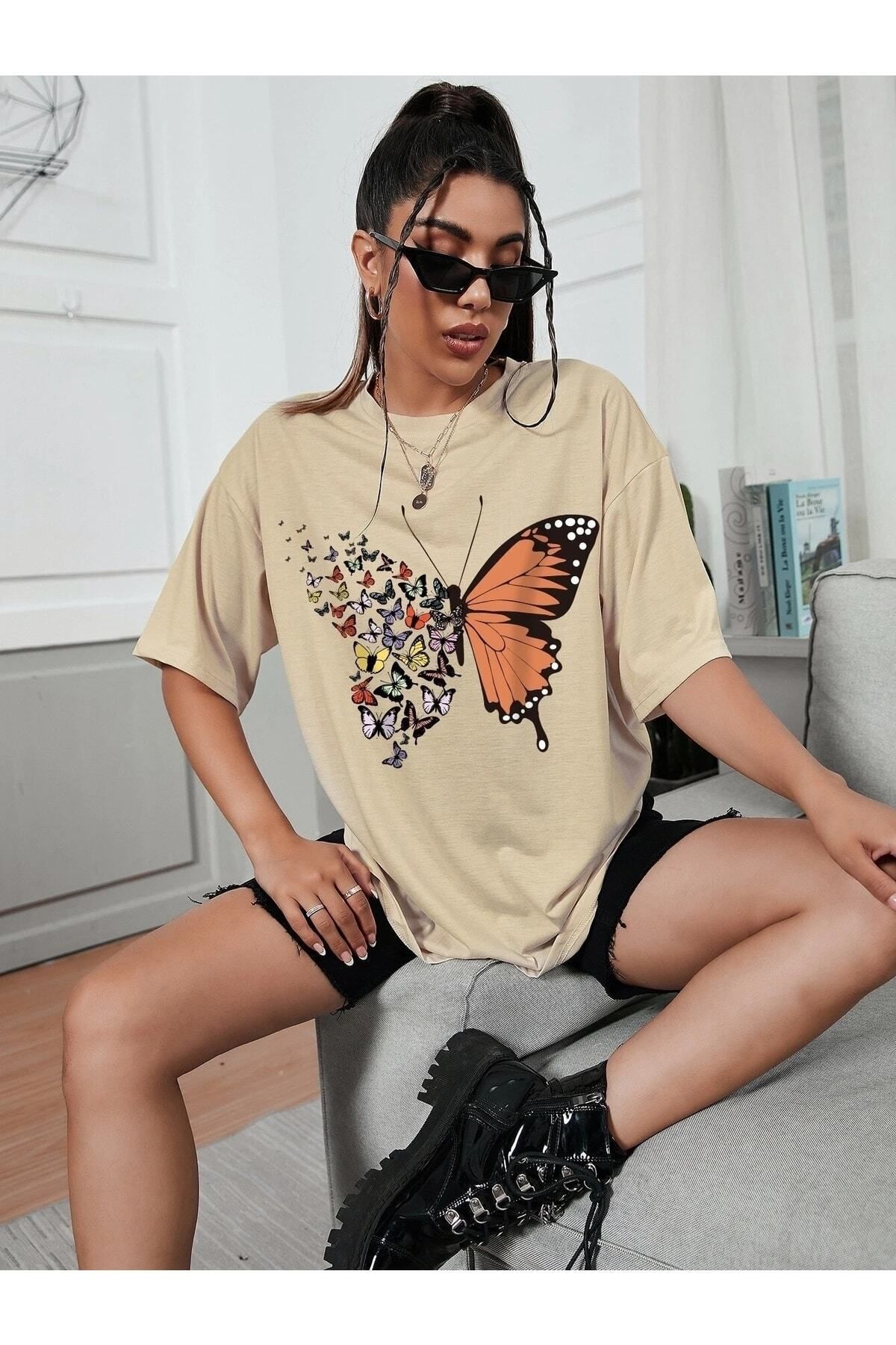 Hunors Sportswear & Company Kadın / Kız Kelebek Detay Baskılı Oversize T-shirt Salaş Boyfirend