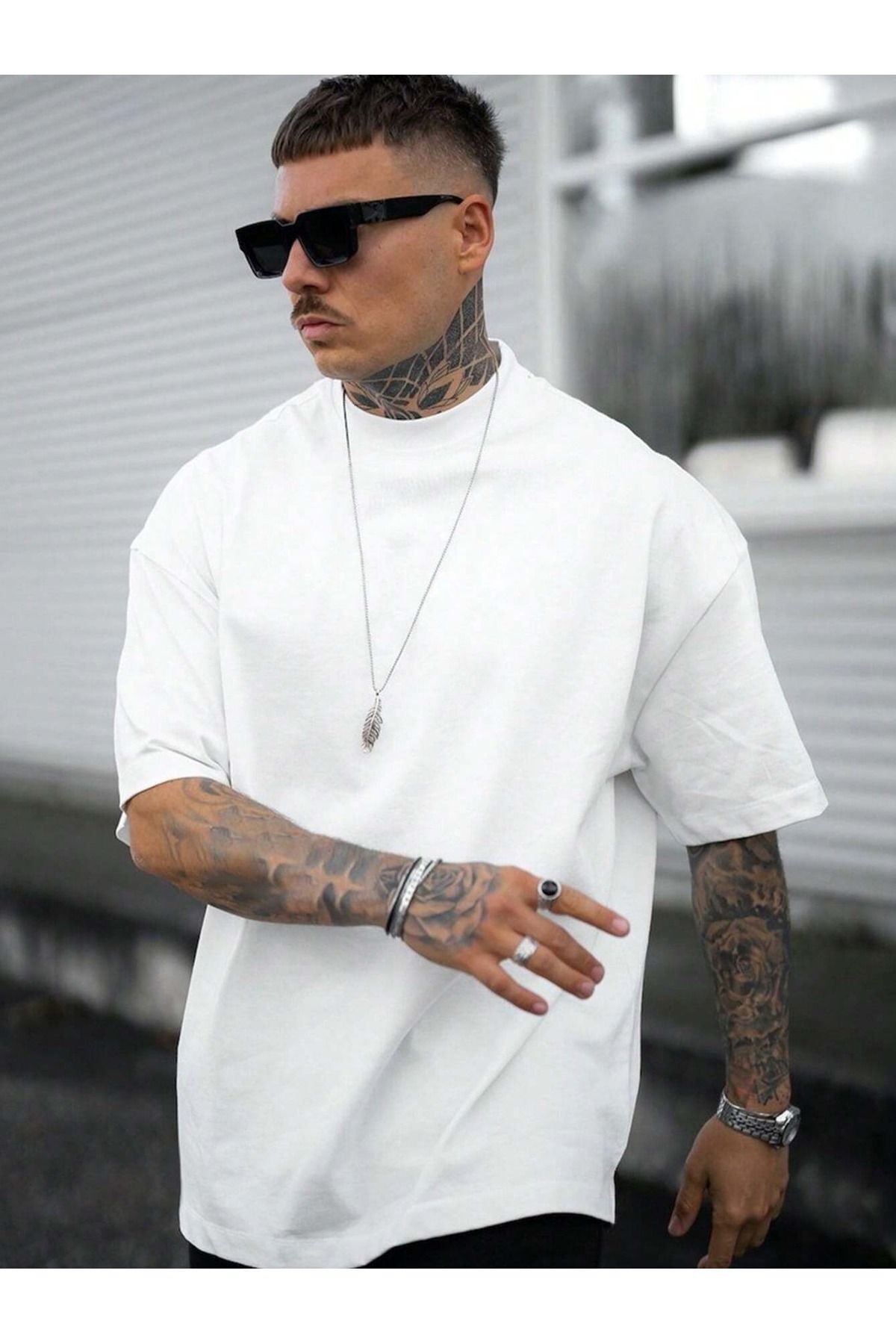 Boi Kadın ve Erkek Baskısız Düz T-Shirt - Beyaz Oversize Bisiklet Yaka Kısa Kol