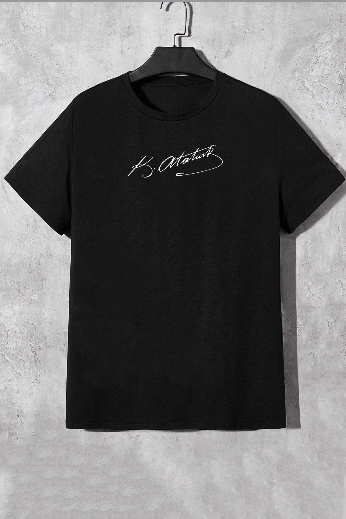 Hunors Sportswear & Company Siyah Atatürk İmzalı T-Shirt - Baskılı Oversize Bisiklet Yaka Kısa Kol
