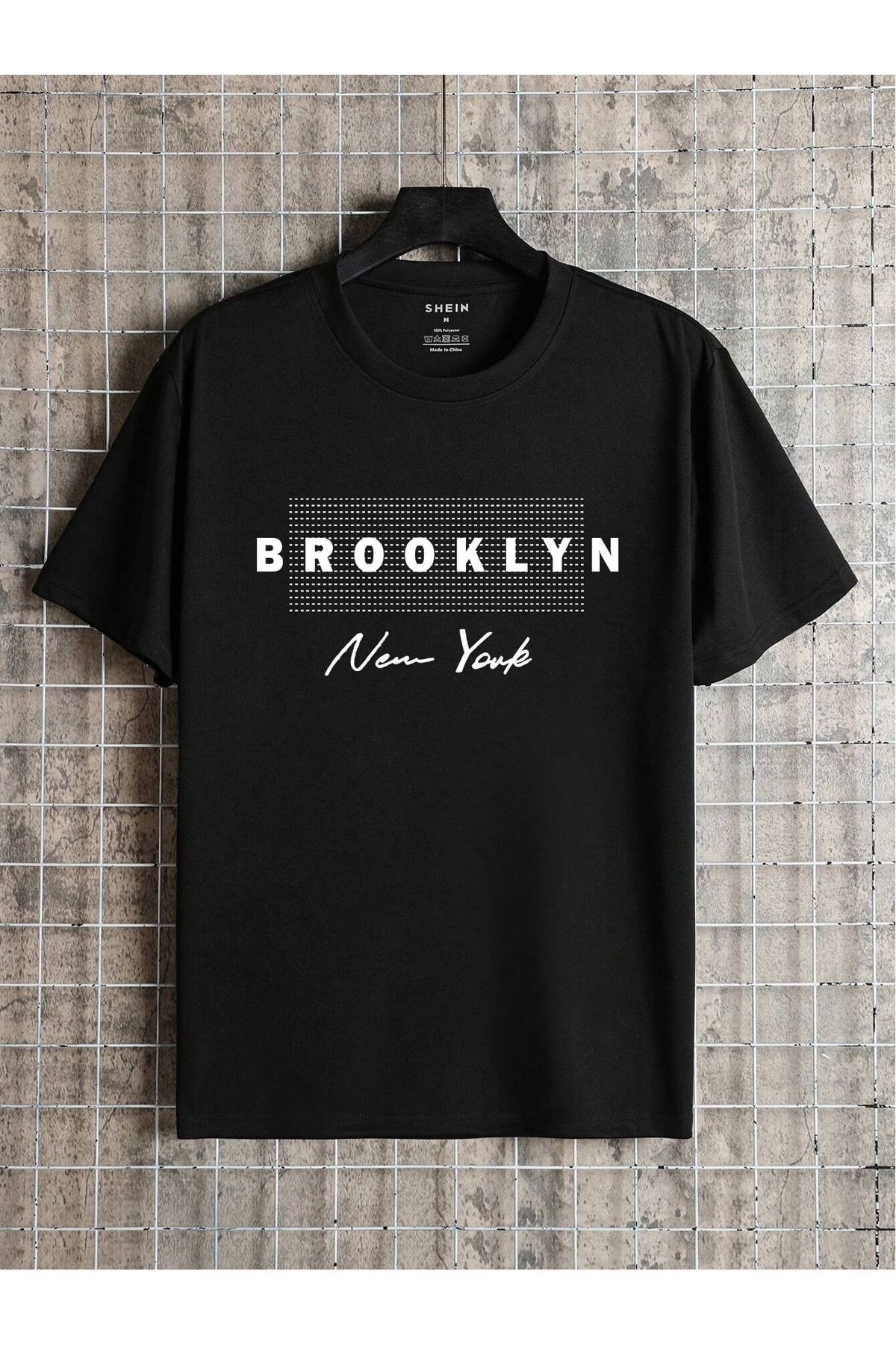 Boi Brooklyn Nokta Desen T-Shirt - Siyah Baskılı Oversize Bisiklet Yaka Kısa Kol