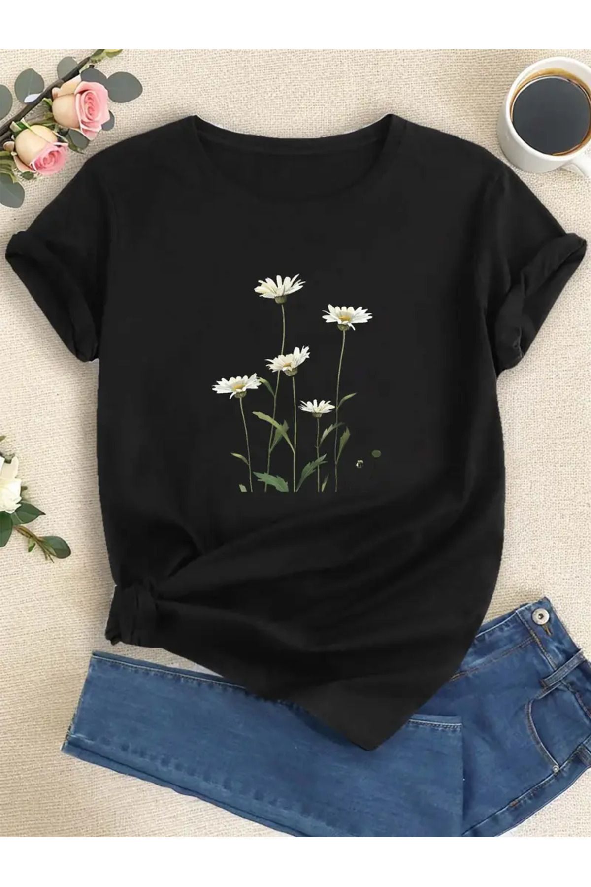 Hunors Sportswear & Company Papatya Baskılı Siyah Kadın Pamuk T-shirt