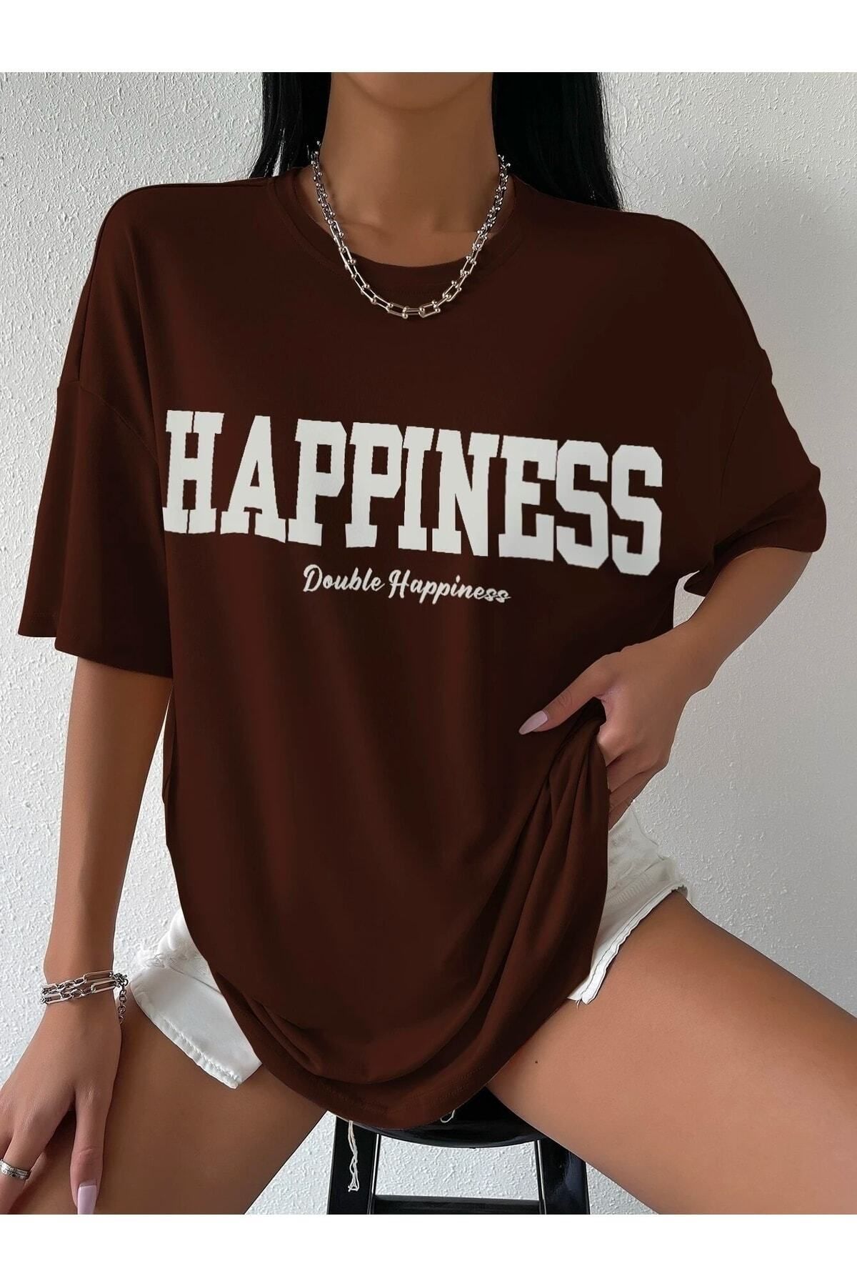 Hunors Sportswear & Company Happıness Baskılı Kadın Oversize Salas T-shirt Boyfirend