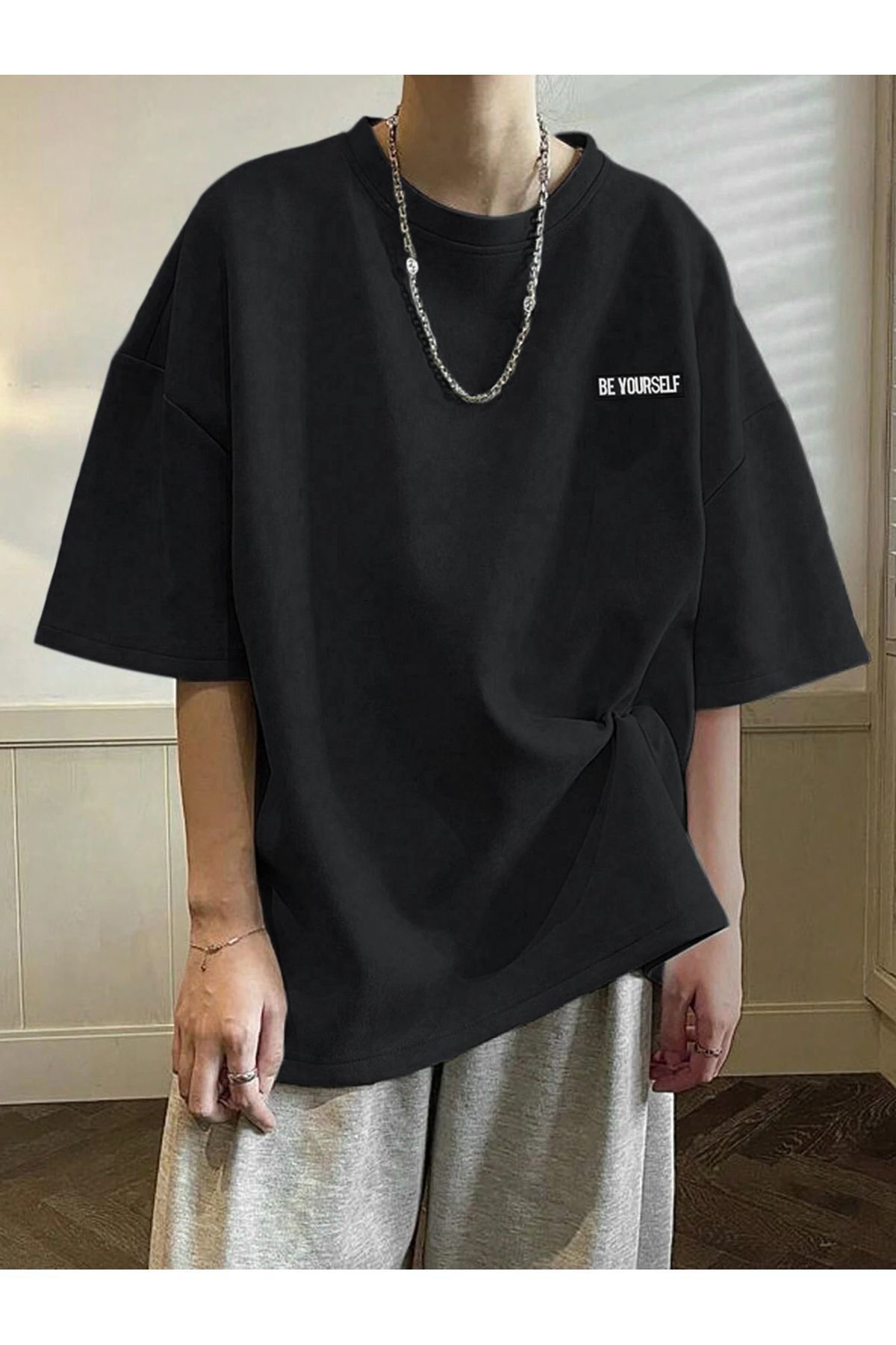 Hunors Sportswear & Company Be Yourself T-Shirt - Siyah Baskılı Oversize Bisiklet Yaka Kısa Kol