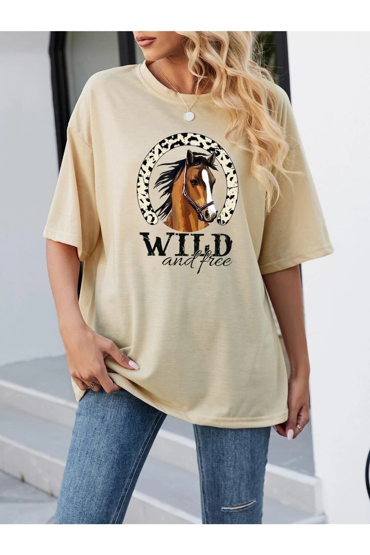 Boi Kadın / Kız Bej Oversize T-shirt Wild Baskılı