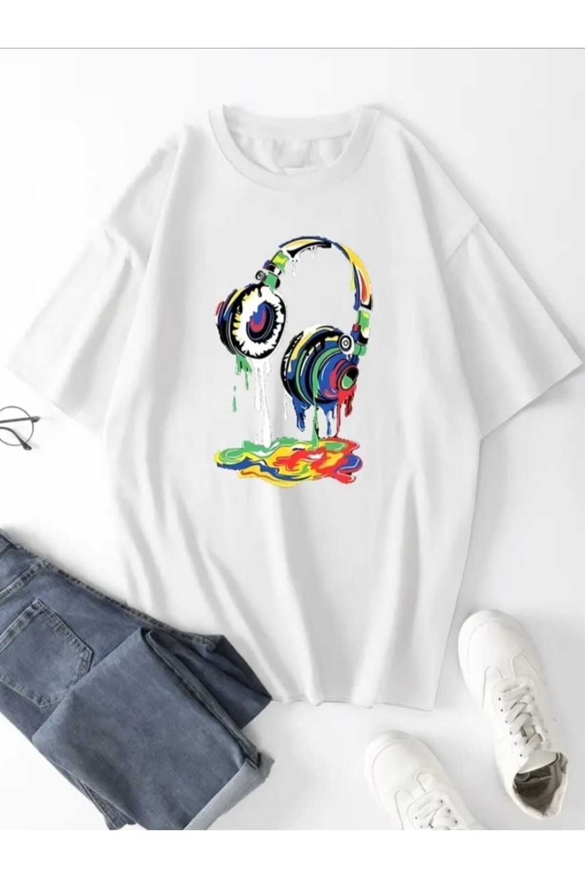 Hunors Sportswear & Company Music Kulaklık Baskılı Ünisex Salaş Oversize Boyfirend T-shirt