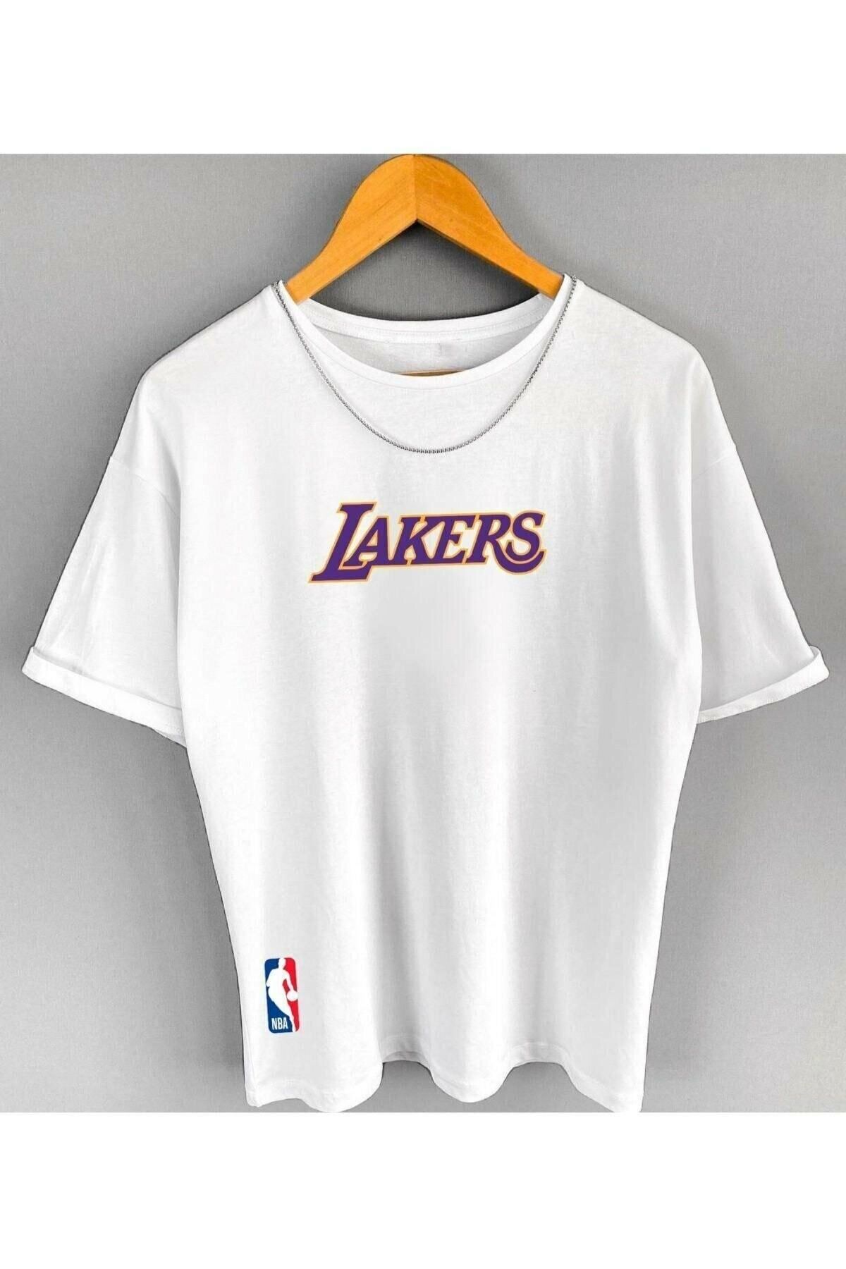 Hunors Sportswear & Company Unisex Erkek Beyaz Lakers Baskı Oversize Tshirt