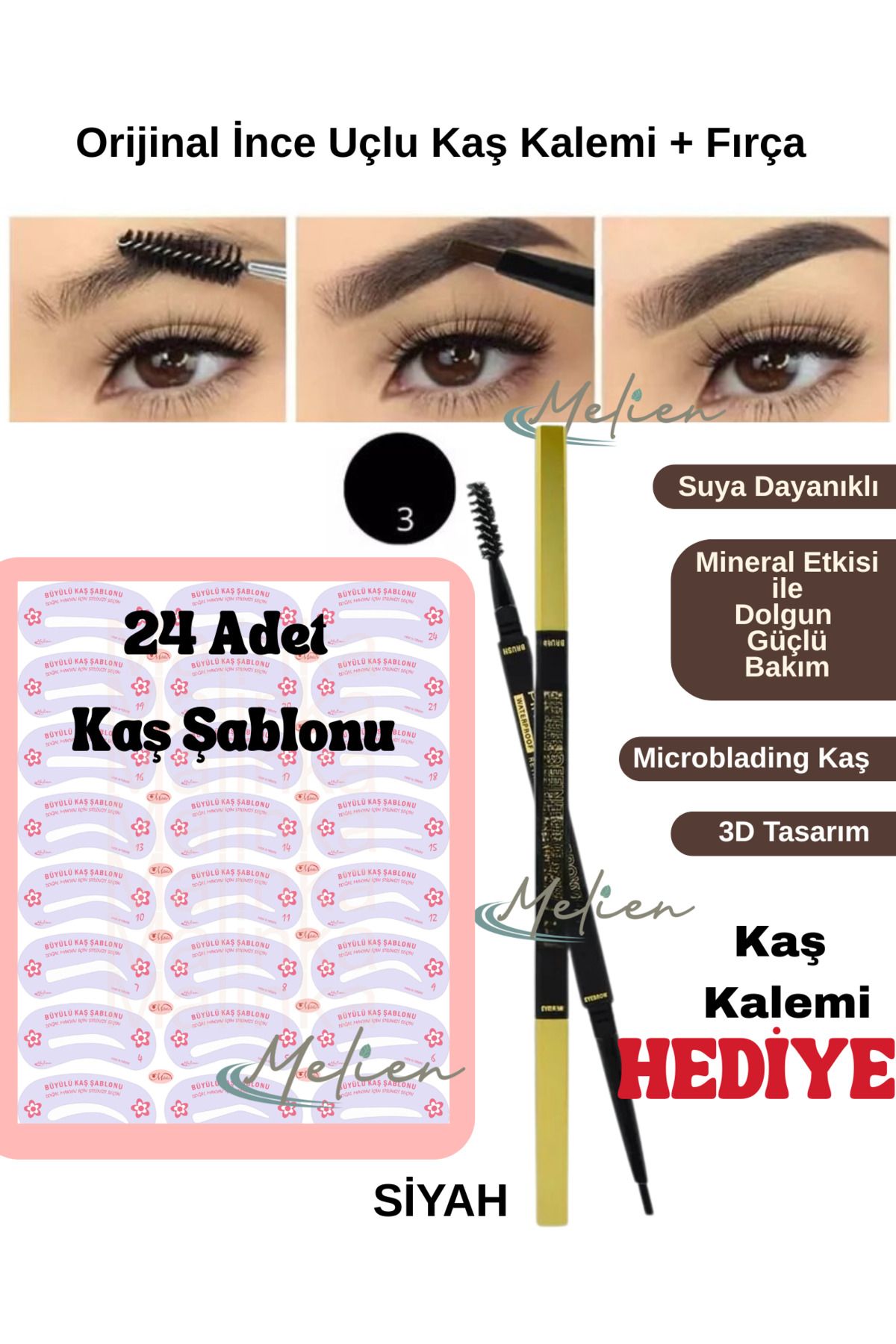 Melien 24 Adet Kaş Şablonu 1adet 2'si 1 Arada Kaş Kalemi Ve Kaş Fırçası Doğal Kaş Makyaj Boyası Kese Hediye