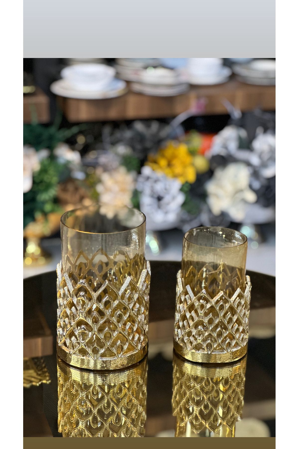city gold Pirinç 2'li Eskitme Gold Şamdan 18-22 Cm