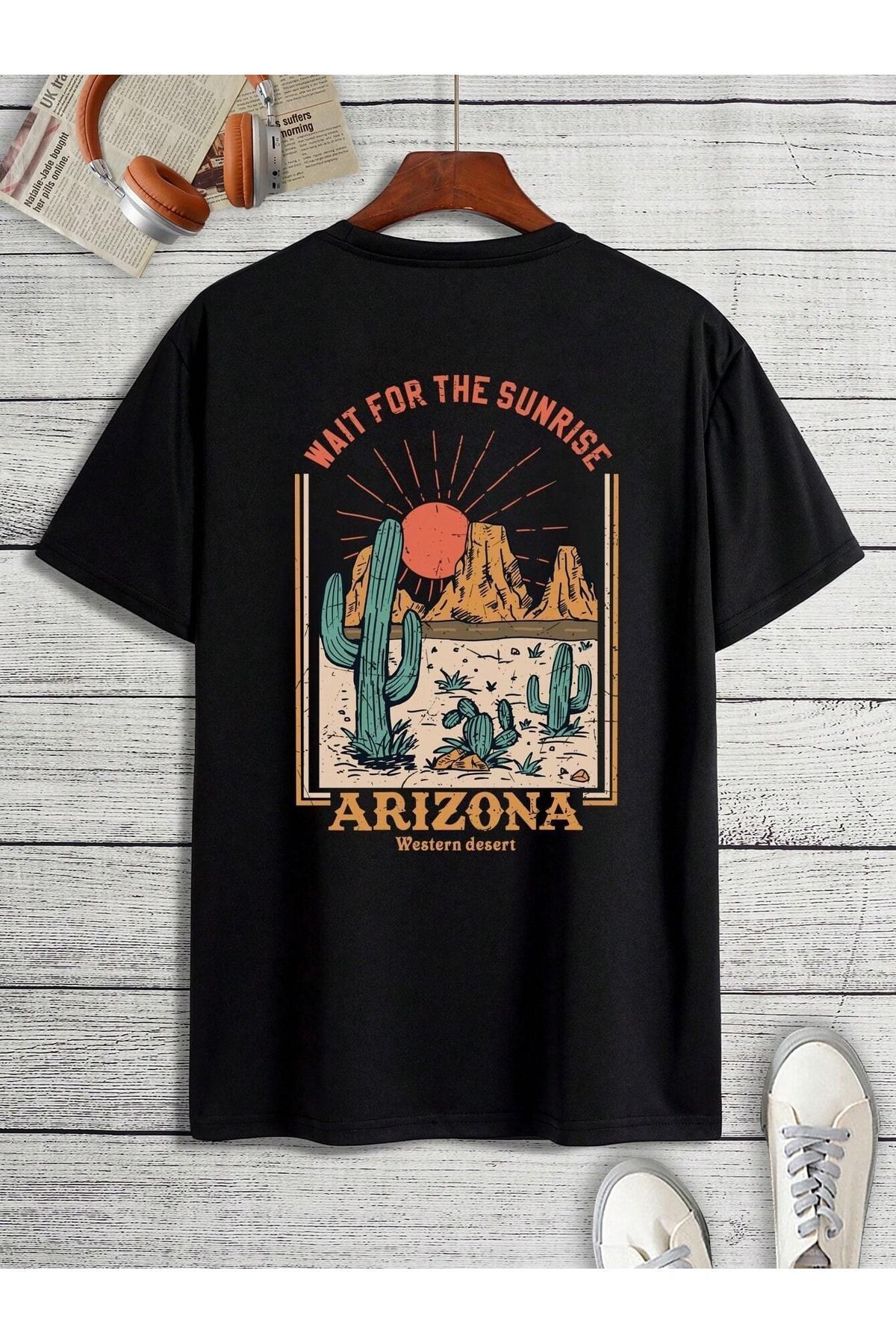 Hunors Sportswear & Company Arizona Western Desert T-Shirt - Siyah Baskılı Oversize Bisiklet Yaka Kısa Kol