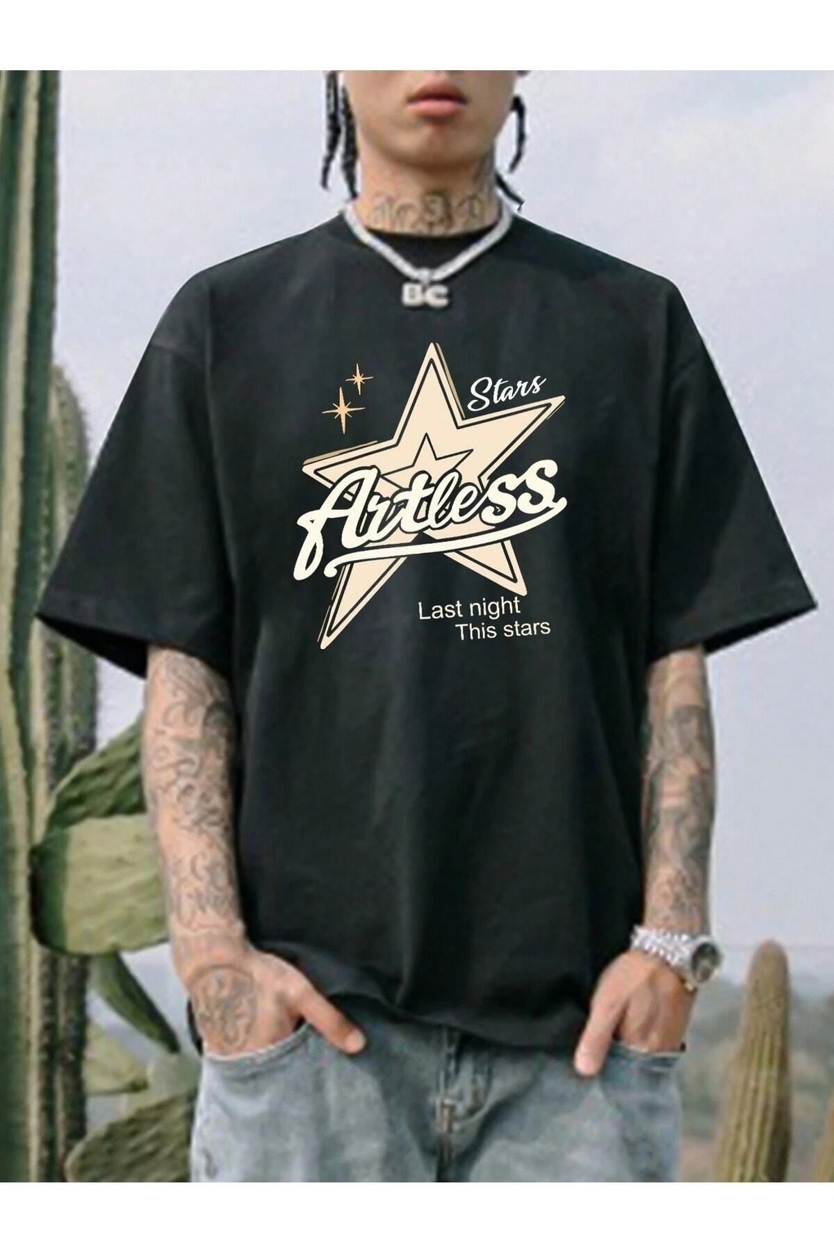 Hunors Sportswear & Company Stars Baskılı Oversize Erkek T-shirt Salaş Boyfirend