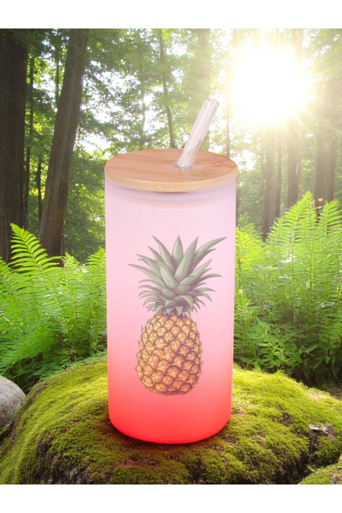 lili hediyelik Ananas Baskılı Cam Pipetli Suluk Matara 600 ml