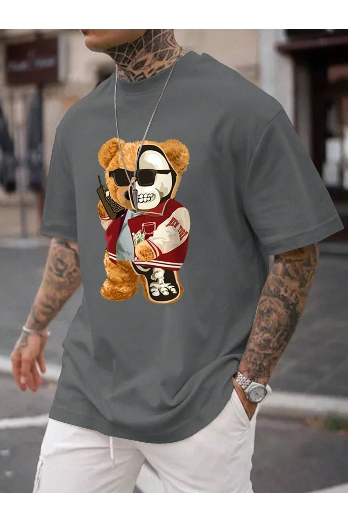 Hunors Sportswear & Company Half Skeleton Bear Baskılı Oversize Erkek T-shirt Salaş Boyfirend