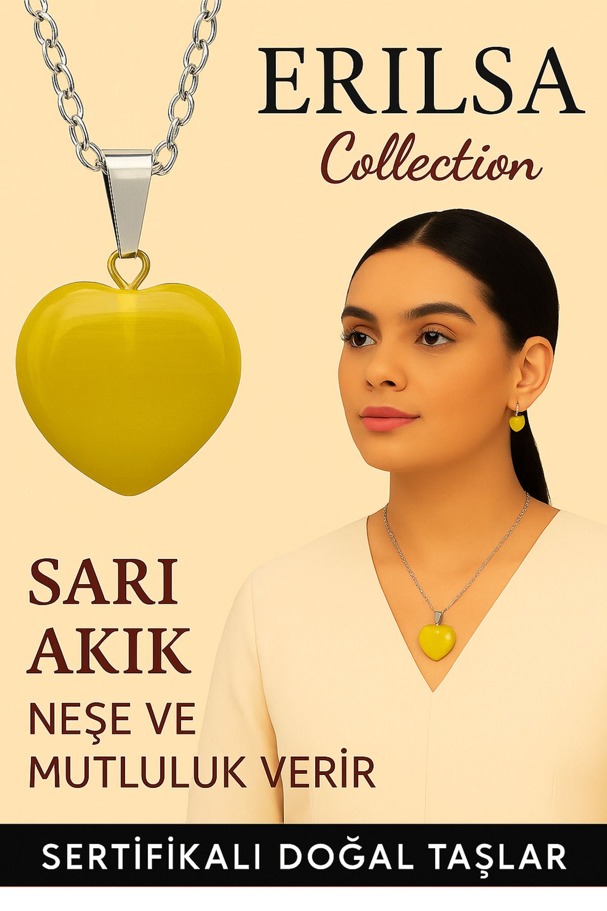 Erilsa Sertifikalı Kalp Model Sarı Akik Taşı Kolye – İçsel Güç, Neşe ve Günlük Enerji Desteği