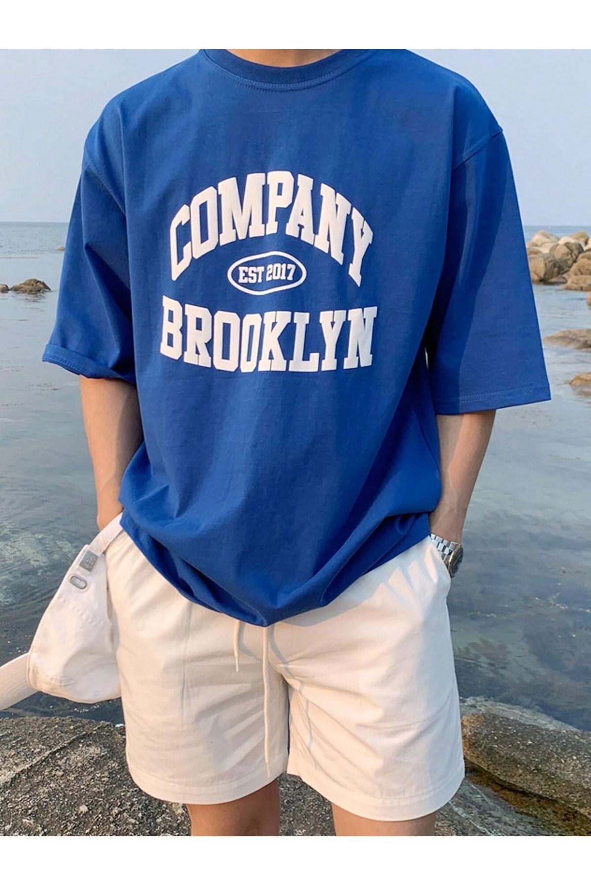 Boi Company Brooklyn T-Shirt - Sax Saks Mavisi Baskılı Oversize Bisiklet Yaka Kısa Kol