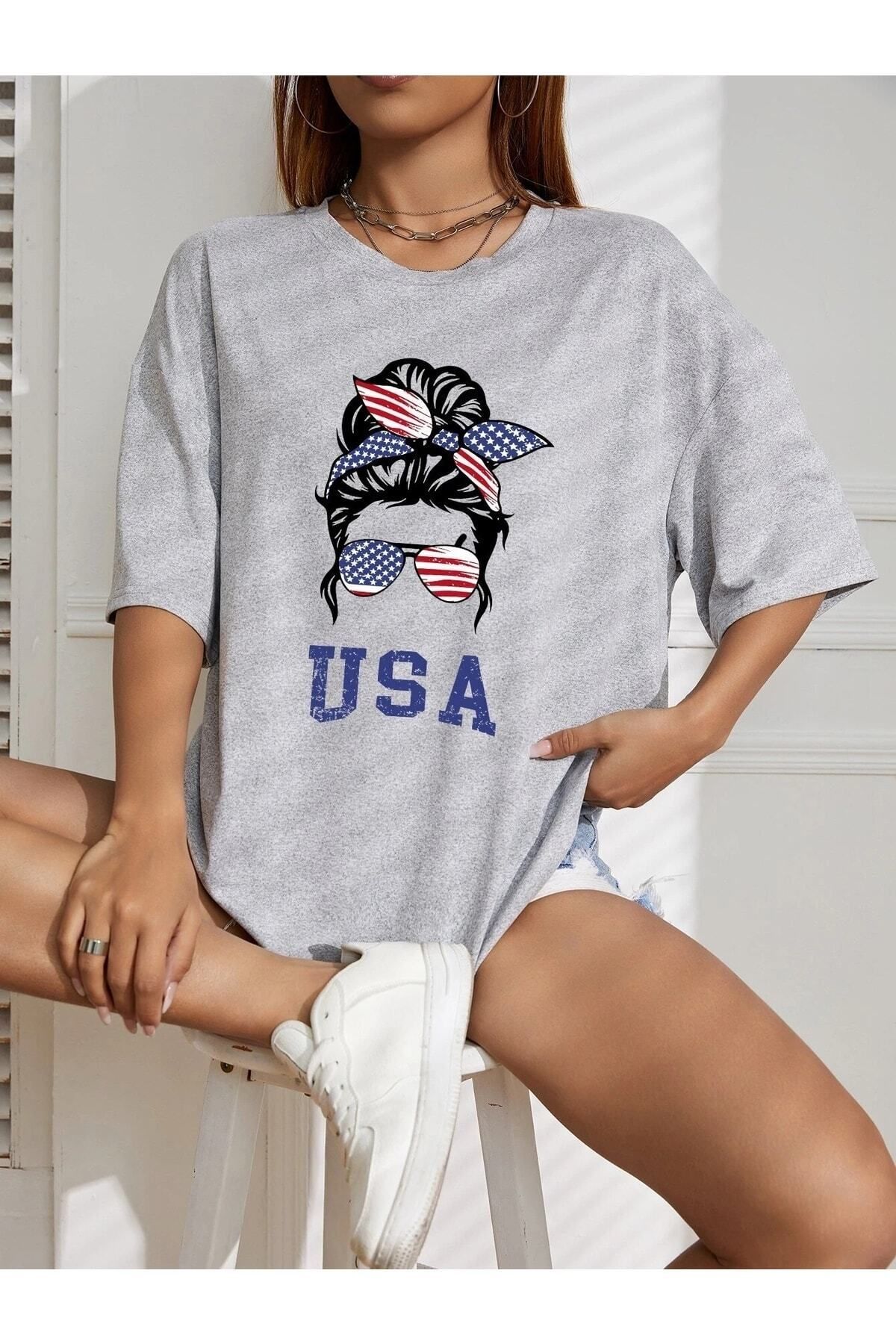 Hunors Sportswear & Company Kadın / Kız Usa Amerikalı Kız Baskılı Gri Siyah Oversize T-shirt Salaş Boyfirend
