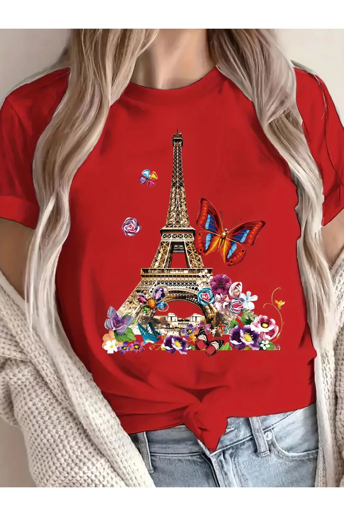 Boi Eiffel Kelebek & Çiçek Baskılı Kadın Pamuk T-shirt
