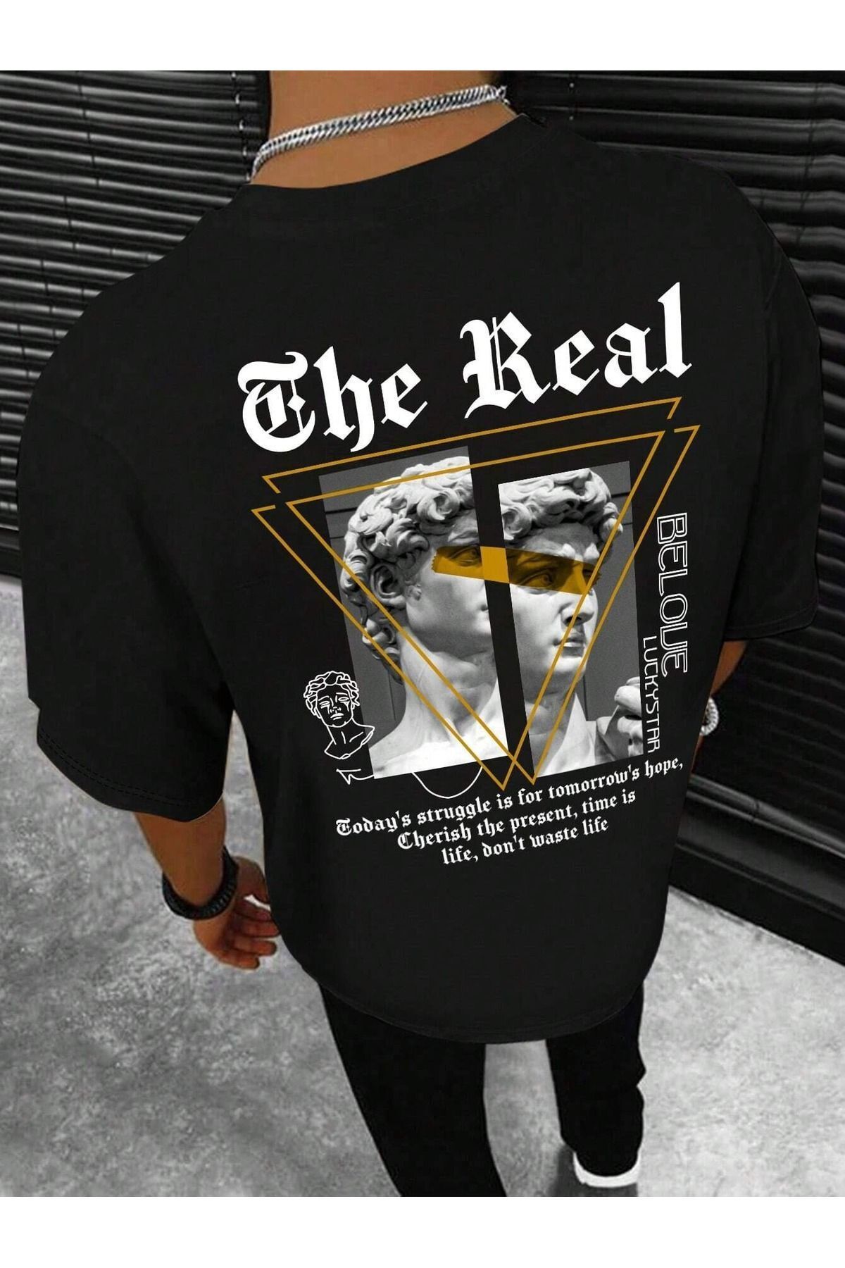 Boi The Real Luckystar T-Shirt - Siyah Baskılı Oversize Bisiklet Yaka Kısa Kol