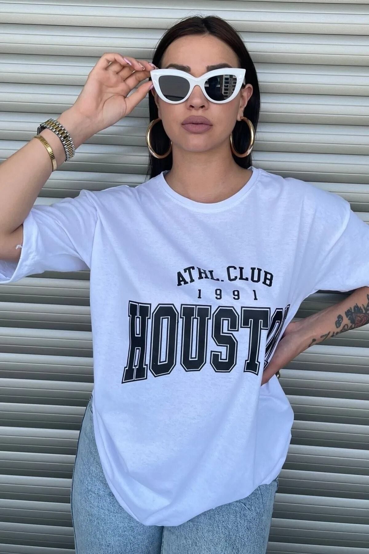 Boi Houston Baskılı Kadın / Kız Oversize Saks Beyaz Salas T-shirt Boyfriend