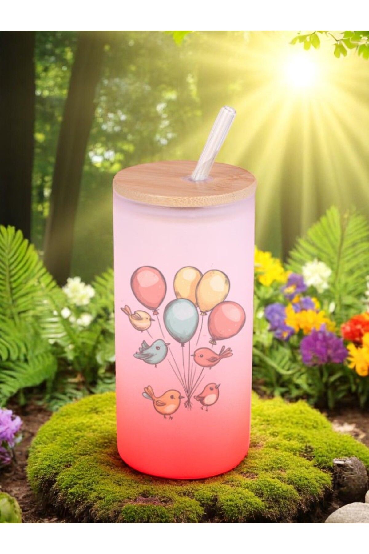 lili hediyelik Balon ve Kuş Baskılı Cam Pipetli Suluk Matara 600 ml