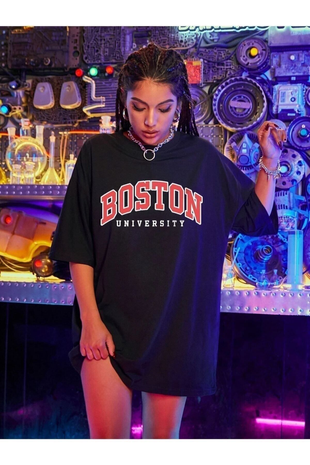 Hunors Sportswear & Company Unisex Kadın Siyah Boston Baskılı Oversize Tshirt