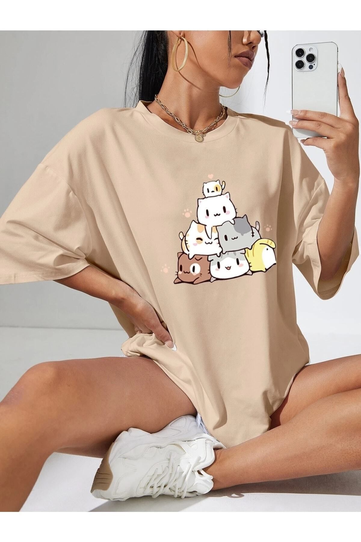 Hunors Sportswear & Company Cut Cats Baskılı Kadın / Kız Oversize Salas T-shirt Boyfriend
