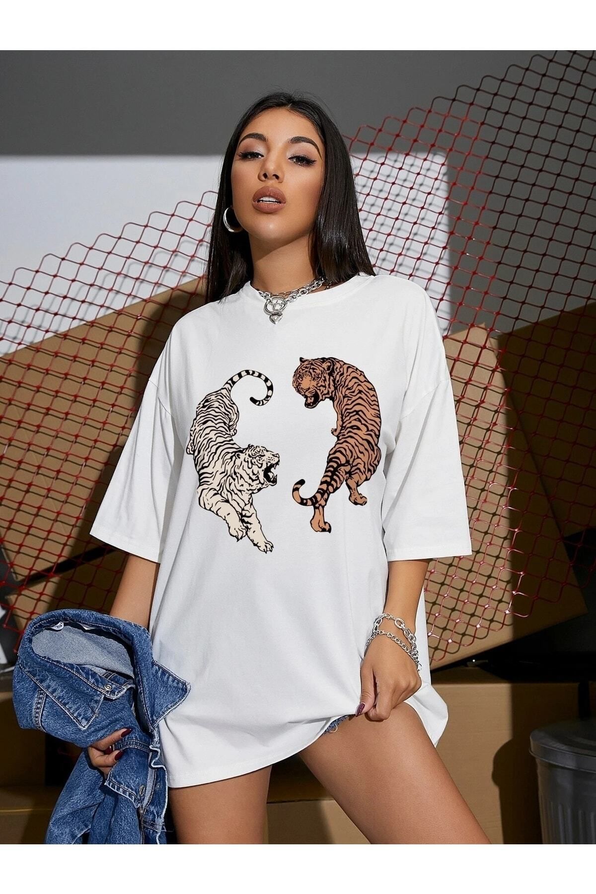 Boi Kadın / Kız Oversize T-shirt Tiger Baskılı