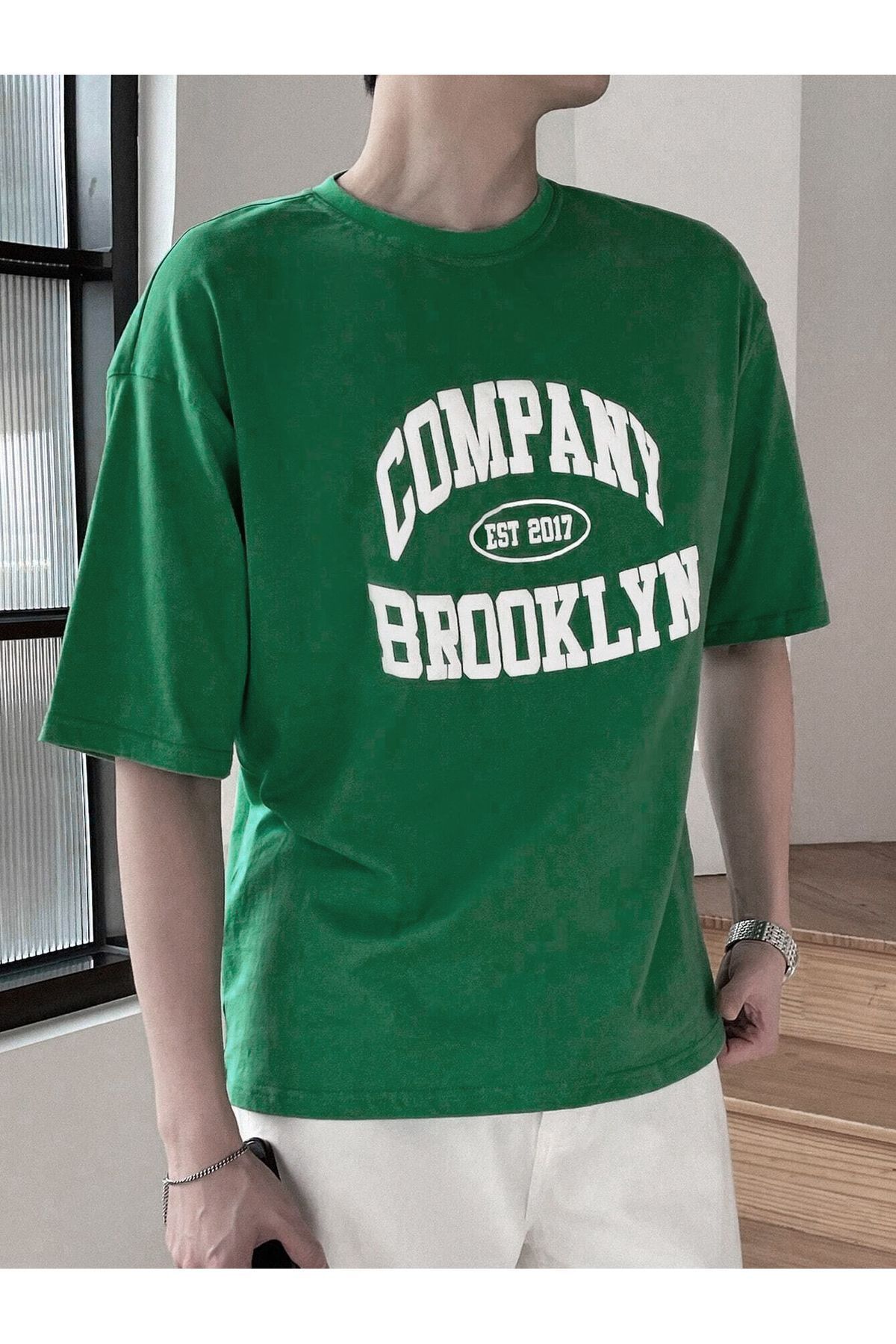 Hunors Sportswear & Company Company Brooklyn T-Shirt - Nefti Yeşil Baskılı Oversize Bisiklet Yaka Kısa Kol